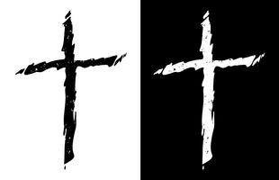 Vieja cruz cristiana apenada rugosa en la ilustración aislada y aislada en blanco y negro del vector