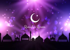 Fondo de Ramadan Kareem con siluetas de mezquita contra el cielo nocturno vector