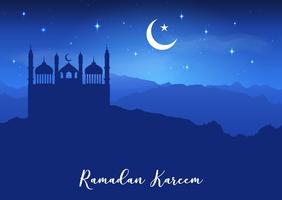 Fondo de Ramadan Kareem con siluetas de mezquita contra el cielo nocturno vector