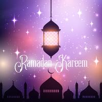 Fondo de Ramadan Kareem con linterna colgante y silueta de mezquita vector