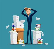 Businessman stands among pile of office papers. Vector illustration.
