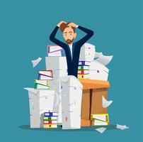 Businessman stands among pile of office papers. Vector illustration.