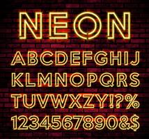 Bright Neon Alphabet on dark brick wall background vector