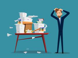 Businessman is near table with pile of office papers and documents.  vector