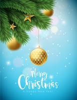 Ilustración de feliz Navidad con bolas ornamentales y rama de pino vector