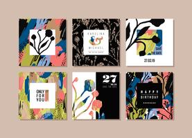 Set of abstract creative cards. Hand drawn art texture and floral elements.