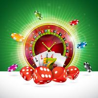 Casino Illustration with roulette wheel and playing chip vector