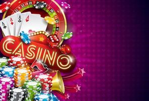 Casino Illustration with roulette wheel and playing chips vector