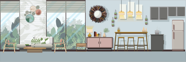 Modern tropical living room with furniture, Flat design vector illustration.