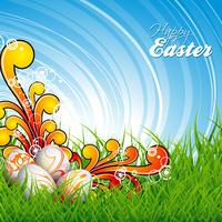 Ilustración de Pascua con huevos pintados de color sobre fondo de primavera vector