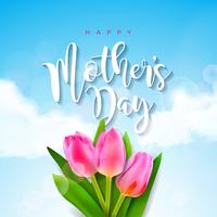 Tarjeta de felicitación del día de la madre con flor de tulipán sobre fondo de nubes vector