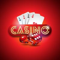 Ilustración de casino con brillantes letras de luz de neón y cartas de póker vector