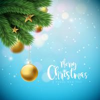 Feliz Navidad ilustración con adornos y ramas de pino vector