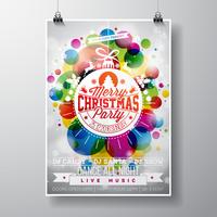 Merry Christmas Party illustration with holiday typography designs in abstract glass ball on shiny color background. vector