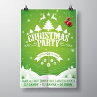 Vector Merry Christmas Party design with holiday typography elements and glass balls on winter landscape background.