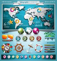 Vector summer travel infographic set with world map and vacation elements.