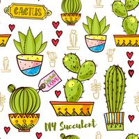 Seamless pattern of cacti and succulents in pots. vector