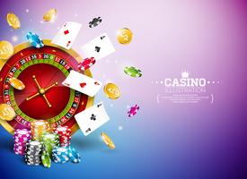 Casino Illustration with roulette wheel, falling coins, & playing chips