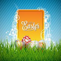 Ilustración de Pascua con huevos pintados de color sobre fondo de primavera vector
