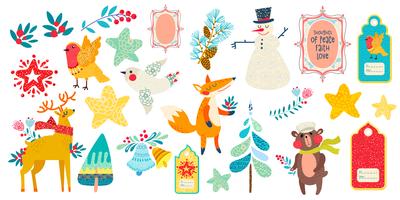 Christmas magic animal prints and other elements. vector