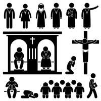 Christian Religion Culture Tradition Church Prayer Priest Pastor Nun Stick Figure Pictogram Icon.