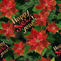 Christmas seamless pattern with poinsettia flowers, fir branches, and lettering vector