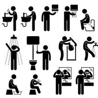 Personal Hygiene Washing Hand Face Shower Bath Brushing Teeth Toilet Bathroom Stick Figure Pictogram Icon. vector