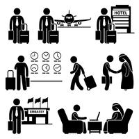 Icono de pictograma de viaje viaje de negocios empresario figura de palo. vector
