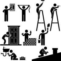 Handyman Electrician Locksmith Contractor Working Fixing Repair House Light Roof Icon Symbol Sign Pictogram. vector