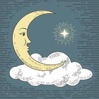 Colored hand drawn moon with cloud and star. Stylized as engraving. Vector