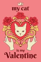 Valentine card concept. White cat face in ornamental vintage heart shaped frame with hands and text on pink. vector