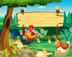 Wooden sign and chickens in park vector