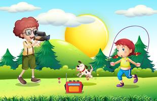 Boy shooting little girl doing jump rope vector