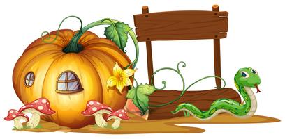 Wooden sign with pumpkin and snake in background vector