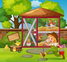 Farmer feeding chickens in the coop vector