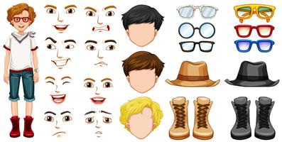 Teenage boy with different accessories and emotions vector