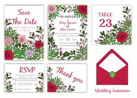 Invitación de boda, Ahorre la fecha, Tarjeta de RSVP, Tarjeta de agradecimiento, Número de mesa vector