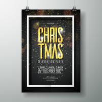 Vector Merry Christmas Party Poster Design Template with Holiday Typography Elements and Shiny Light on Dark Background.