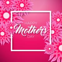 Tarjeta de felicitación feliz del día de madres con la flor en fondo rosado. Vector la plantilla del ejemplo de la celebración con el diseño tipográfico para la bandera, aviador, invitación, folleto, cartel.