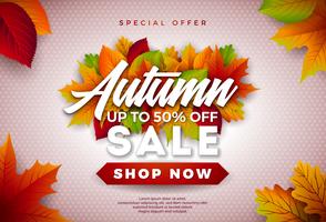 Diseño de venta de otoño con hojas caídas y letras sobre fondo claro. Ilustración de vector otoñal con elementos de tipografía de oferta especial para cupón