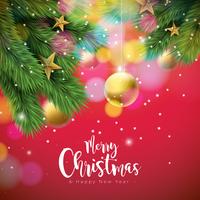 Vector el ejemplo de la Feliz Navidad con las bolas y la rama ornamentales del pino en fondo rojo brillante. Feliz año nuevo diseño de tipografía para tarjeta de felicitación, cartel, banner.