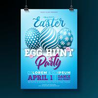 Vector Easter Party Flyer Illustration with painted eggs and typography elements on blue background. Spring holiday celebration poster design template.