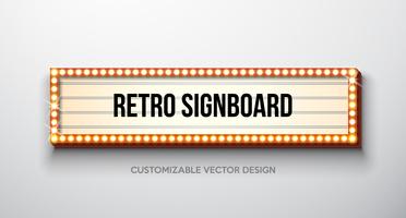 Vector retro signboard or lightbox illustration with customizable design on clean background. Light banner or vintage bright billboard for advertising or your project. Show, night events, cinema or theatre light bulb frame.