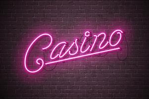 Casino neon sign illustration on brick wall background. Vector light banner or bright signboard design.