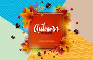 Autumn Illustration con las hojas, la castaña y las letras que caen coloridas en fondo colorido abstracto. Diseño otoñal del vector para la tarjeta de felicitación, la bandera, el aviador, la invitación, el folleto o el cartel promocional.