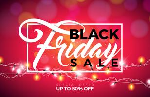 Black Friday Sale Vector Illustration with Lighting Garland on Shiny Background. Promotion Design Template for Banner or Poster.