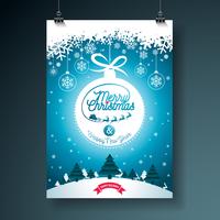 Merry Christmas illustration with typography and ornament decoration on winter landscape background. Vector Christmas holidays flyer or poster design.