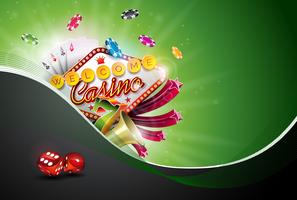 Casino Illustration with poker cards and playing chips on green background. Vector gambling design for invitation or promo banner with dice.