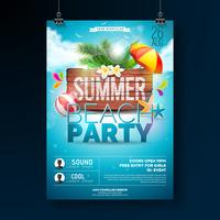 Vector Summer Beach Party Flyer Design with typographic elements on wood texture background. Summer nature floral elements