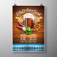 Ejemplo del vector del cartel de Oktoberfest con la cerveza oscura fresca en el fondo de madera de la textura. Plantilla de volante de celebración para el tradicional festival de la cerveza alemana.